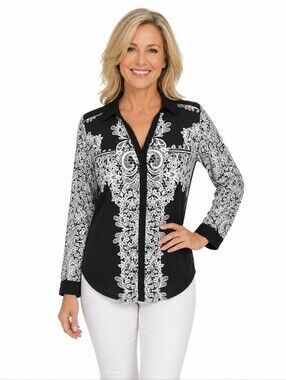 Nygard Black & White Lace-Print Long Sleeve Blouse, Zipper Accents, Sz PL